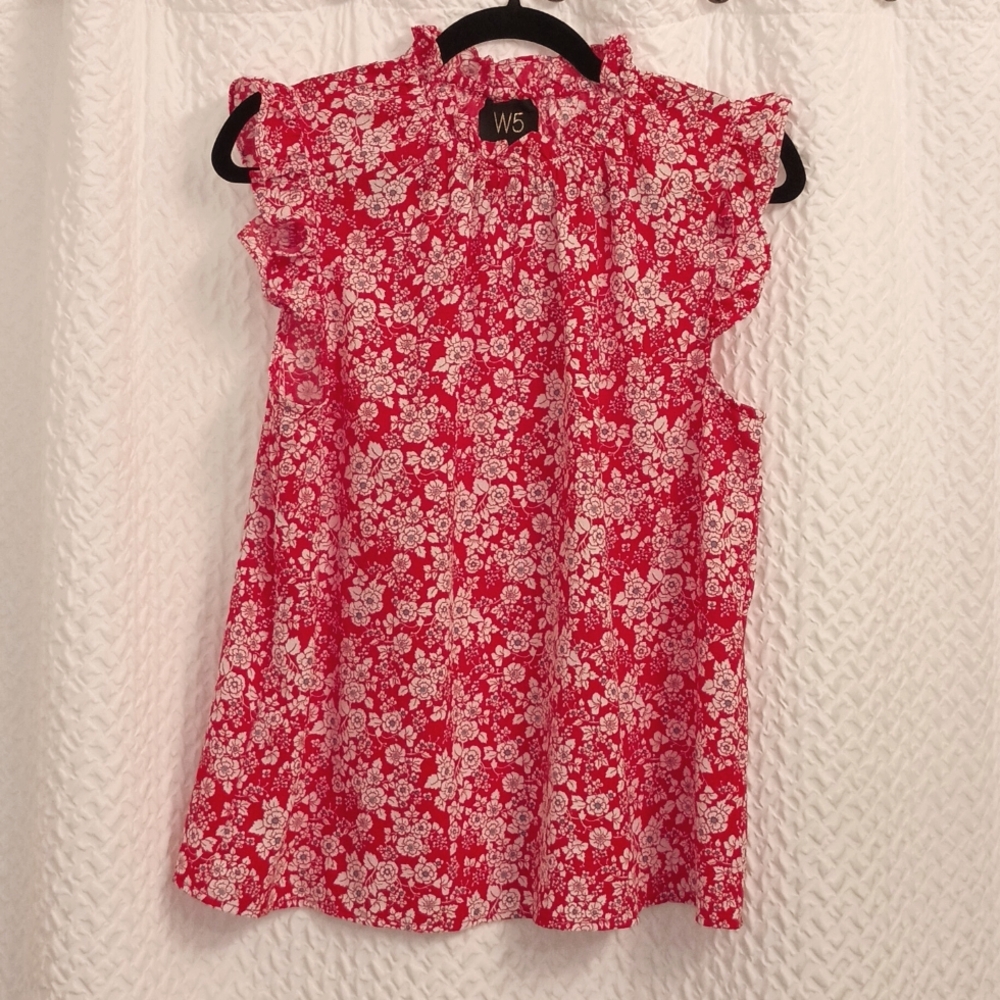 W5 Anthropologie Red,White,&Blue Floral Ruffle Top w/Elastic Neck Size Medium